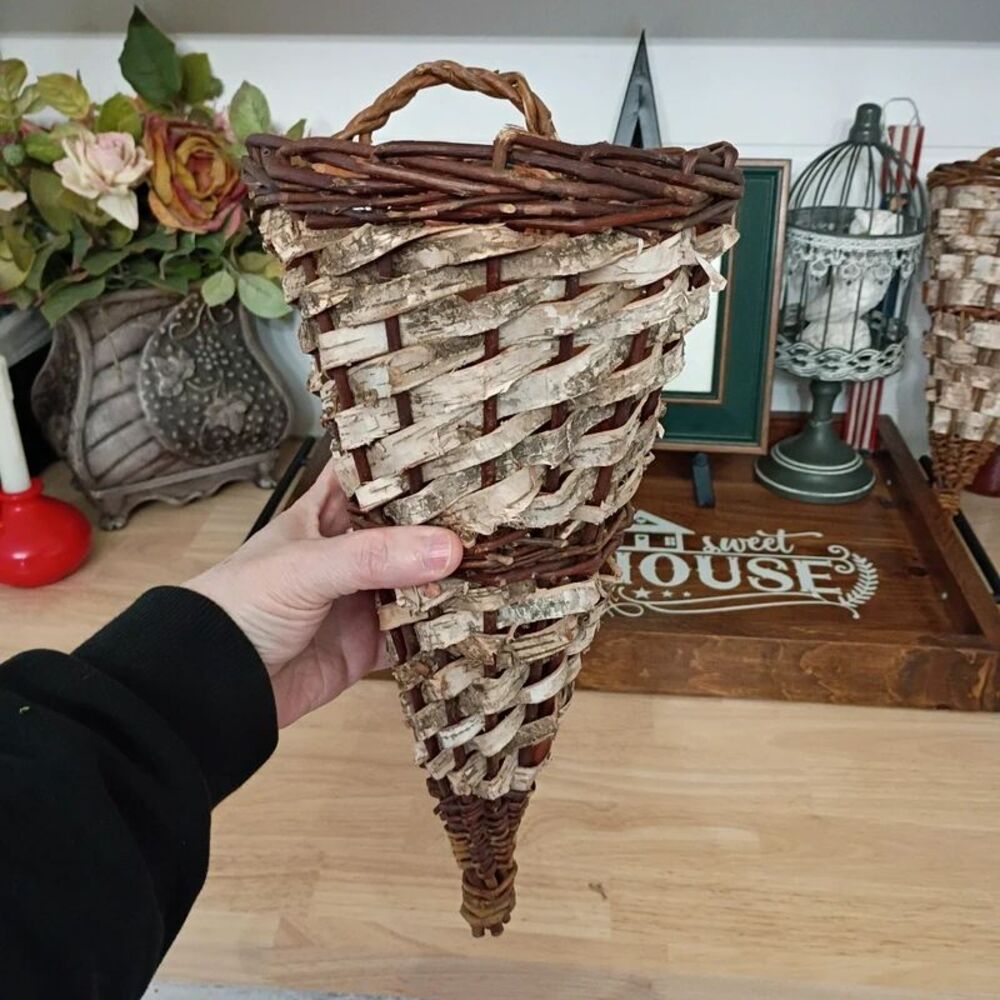 Large 15" Rustic Natural Woven Cone Wicker Wall Hanging Basket
